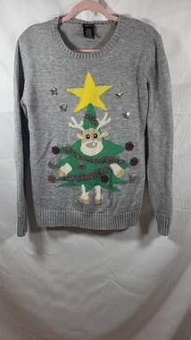 rue21 Grey Ugly Christmas Sweater Reindeer Tree Costume Sequin Star Junior Mediu